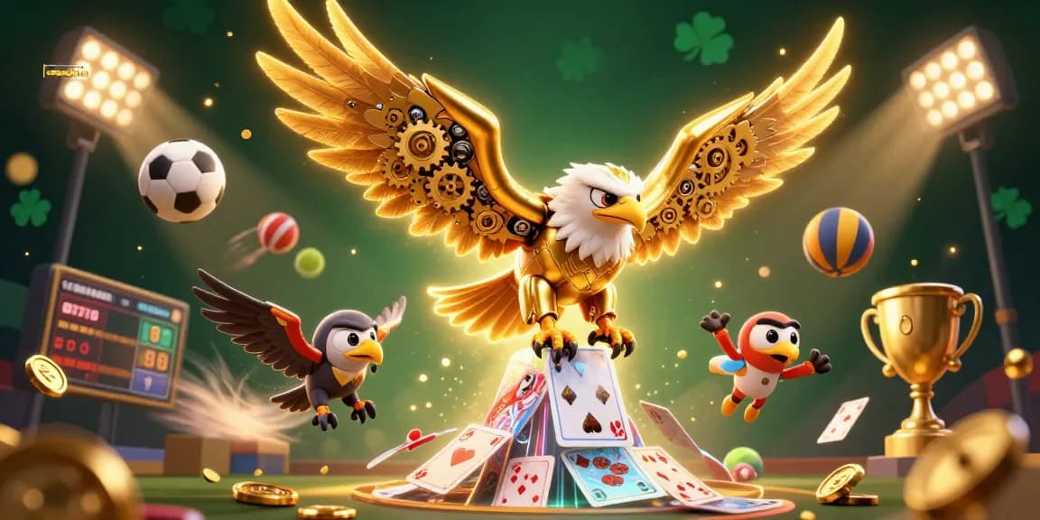 GERHANATOTO menawarkan pengalaman taruhan yang menegangkan dengan ilustrasi 3D karakter elang dan elemen kasino.