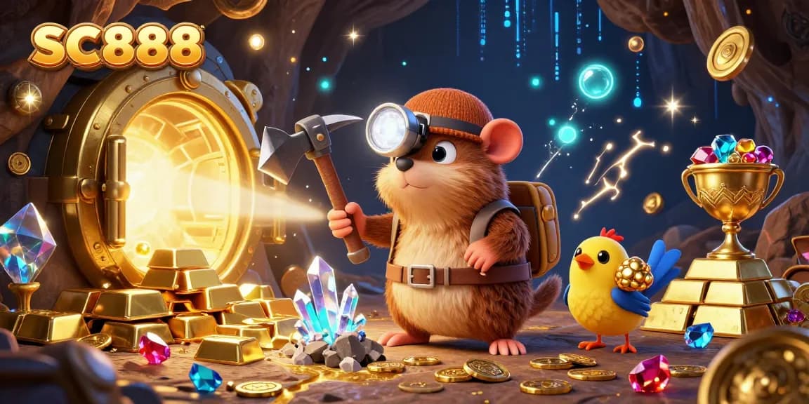 Engage in thrilling gameplay at SC888 with a treasure hunter mole mining gems amidst rich casino elements.