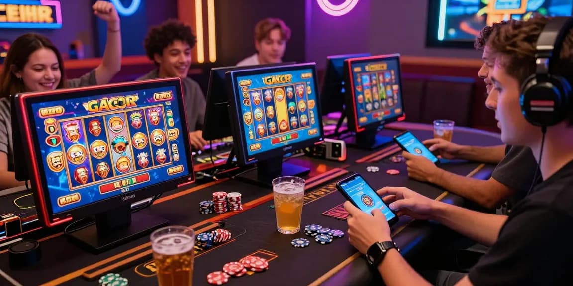 Permainan slot gacor fujiwin88 yang menarik di kasino online dengan pemain bersemangat merayakan kemenangan.