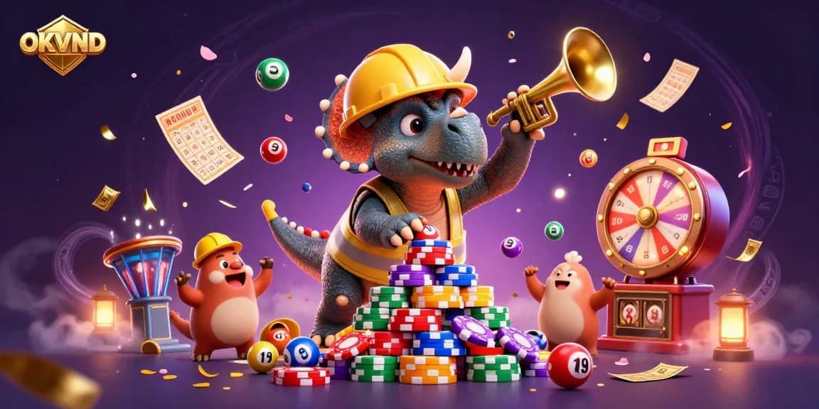 Engaging gambling scene featuring OKVND with a triceratops building poker chip pyramid in vibrant atmosphere.