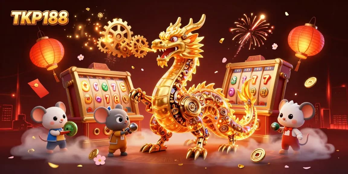 Engage with TKP188's vibrant gaming atmosphere featuring dynamic slot reels and a golden dragon guardian.