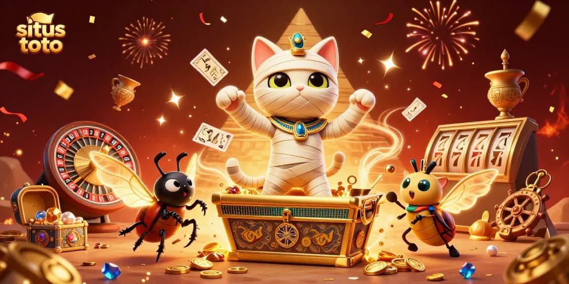 Situs toto showcases an animated Egyptian mummy cat and scarab beetle amidst casino elements, celebrating vibrant gaming.