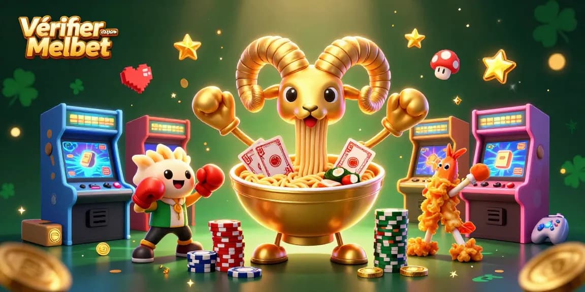 Vérifier coupon Melbet avec un bol de ramen 3D doré et des personnages de jeux colorés.