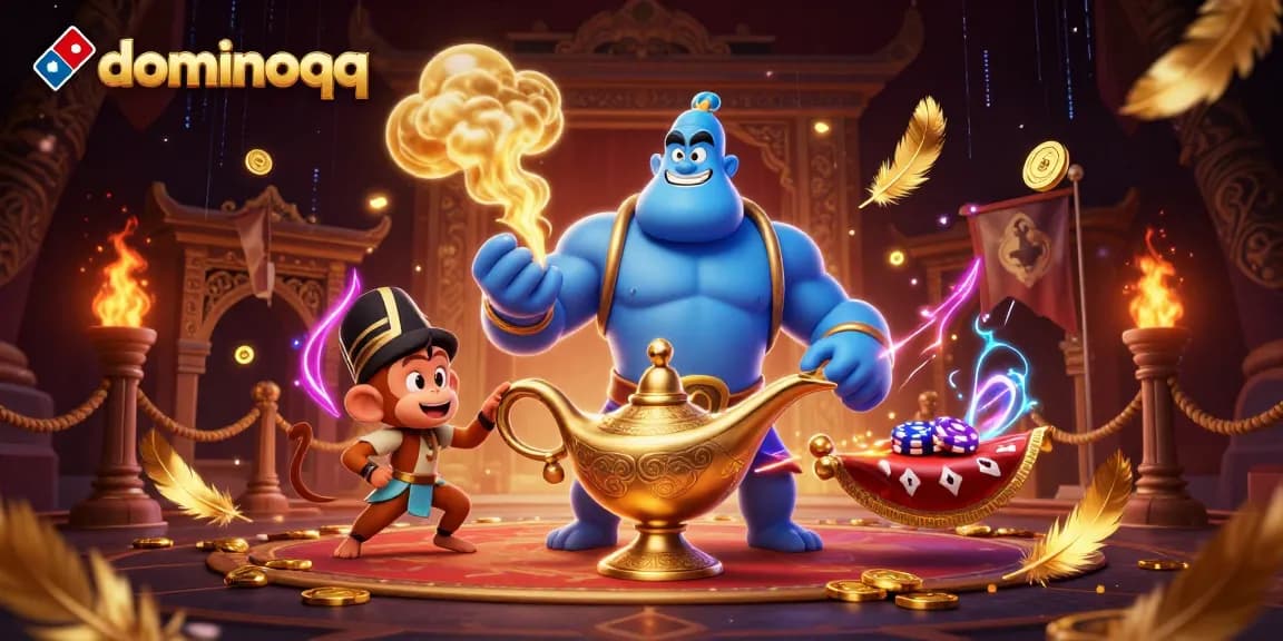 Play dominoqq with an enchanting genie and vibrant casino elements in an action-packed 3D scene.