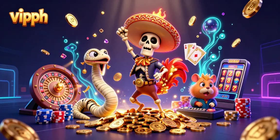 Engage with vipph's vibrant casino world amidst a celebratory scene of animated characters and dazzling game elements.