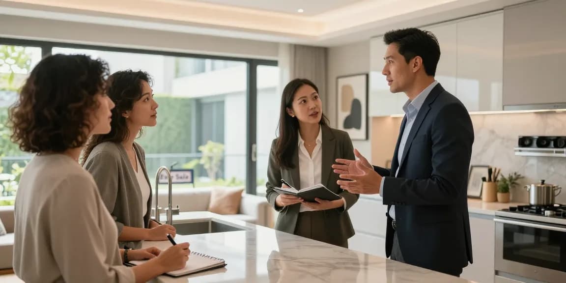 Real estate agent showcasing a luxurious kitchen to interested buyers in a modern property, emphasizing seanbowieforaz's expertise.