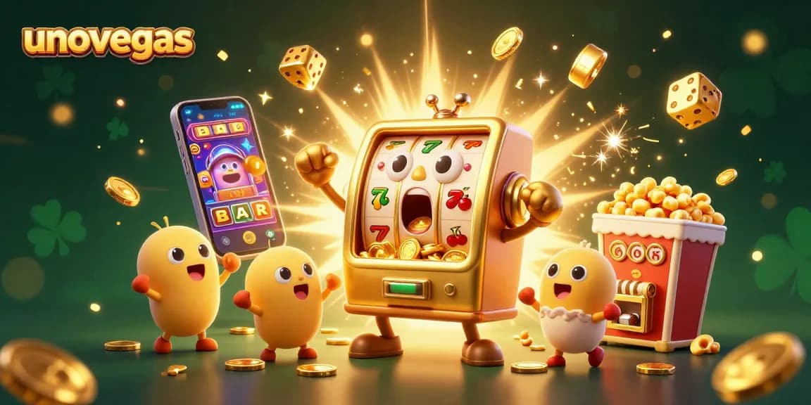Mesin slot Unovegas merayakan jackpot dengan koin berjatuhan, permainan kasino menarik.