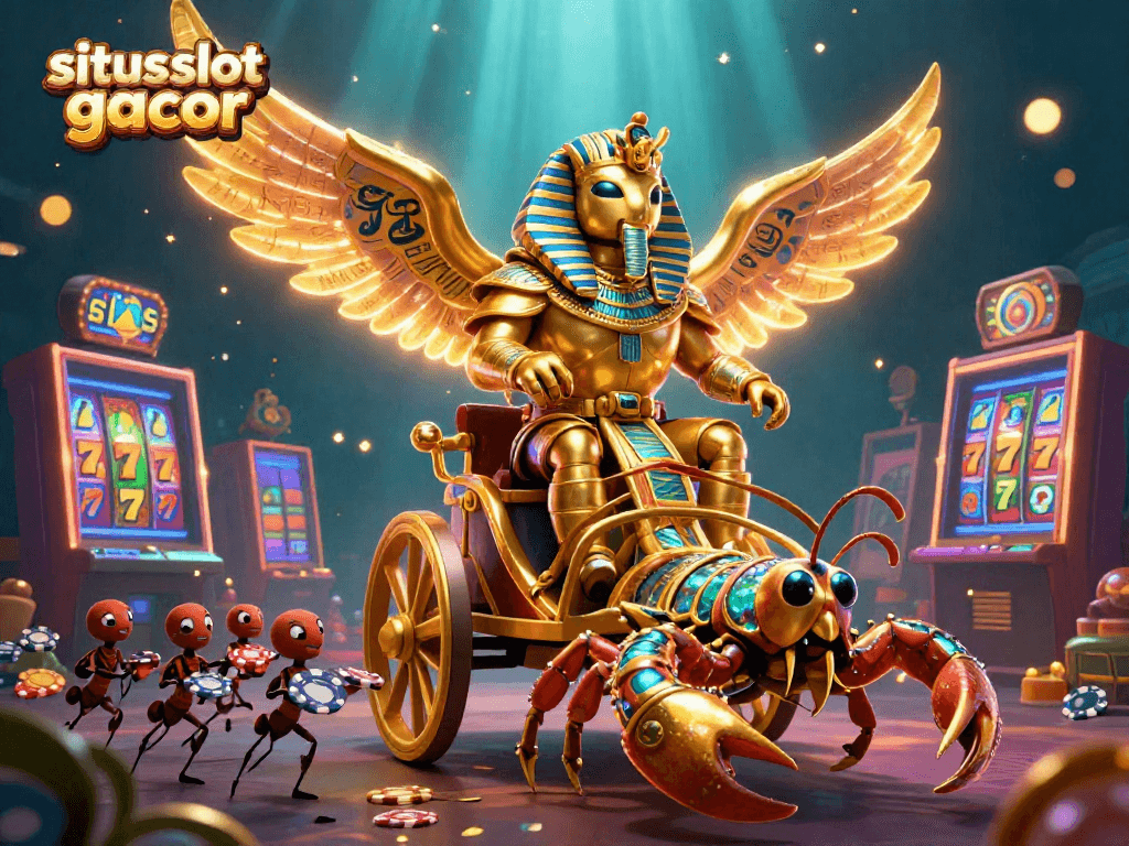 Play at situs slot gacor with a dazzling illustration of golden elements and animated gaming features.