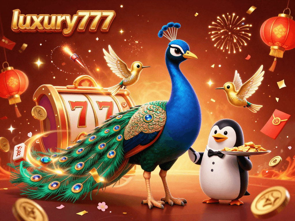 Bermain di luxury777 dengan burung merak berkilau dan penguin pelayan membawa chip emas.