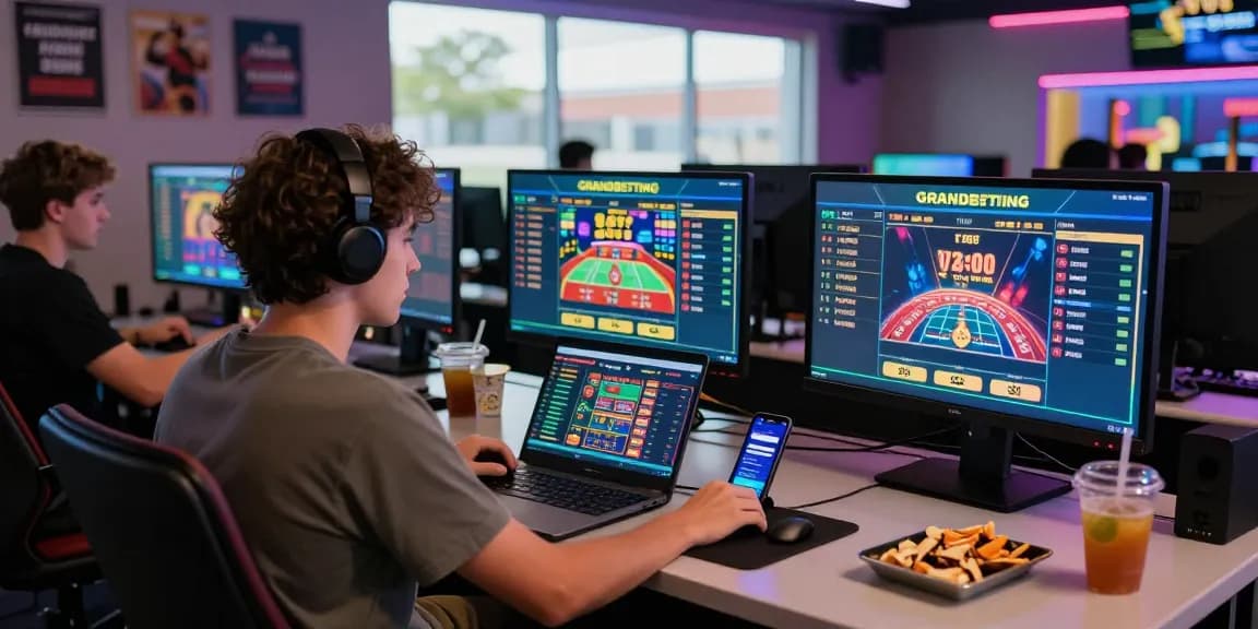 Grandbetting dynamic online betting experience with monitors and betting interface.