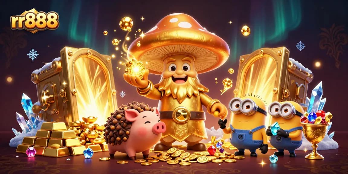 Experience the magic of rr888 with a golden mushroom wizard and treasure in this vibrant illustration.
