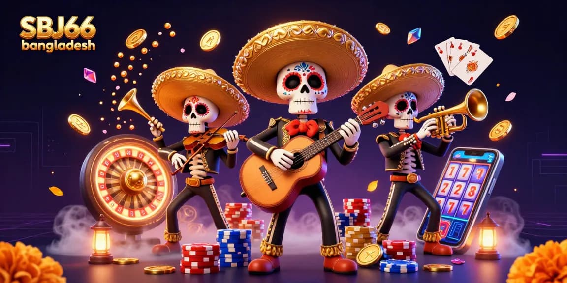 Experience joy and excitement at SBJ66 bangladesh with vibrant casino scenes featuring mariachis and gaming elements.