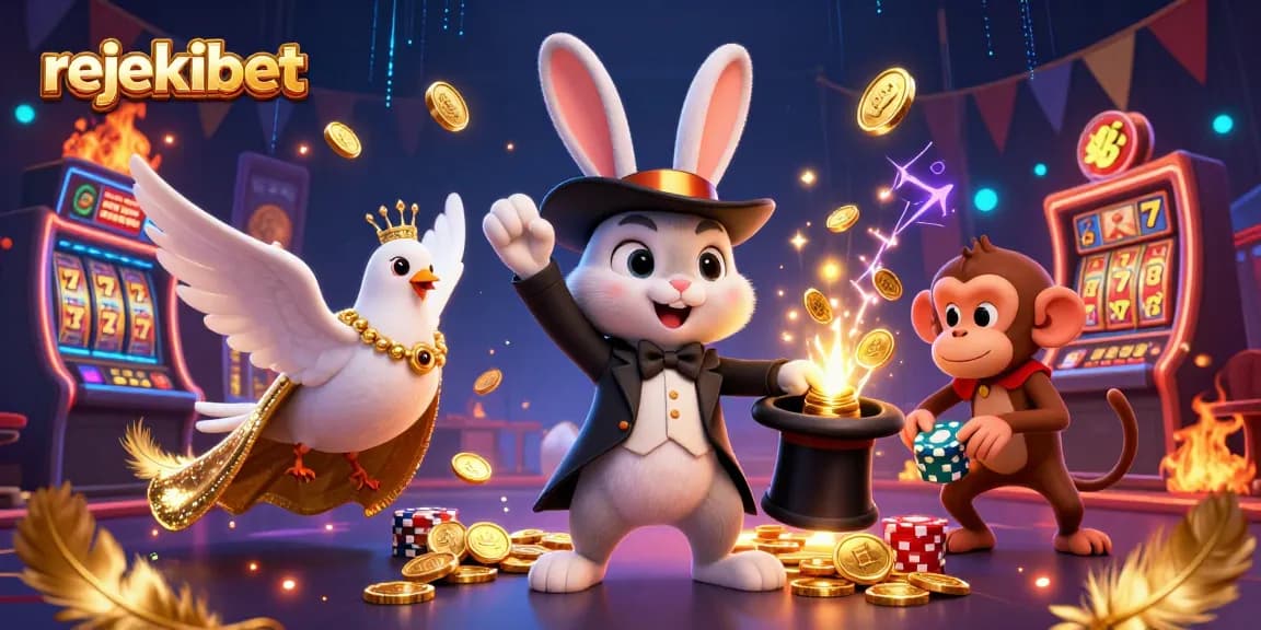 Experience thrilling gaming action at rejekibet with a magician rabbit, dove, and monkey in a vibrant casino scene.