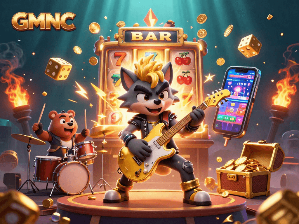 Experience the thrill of GMNC gaming with a vibrant casino scene featuring a rock star wolf and a drummer bear.