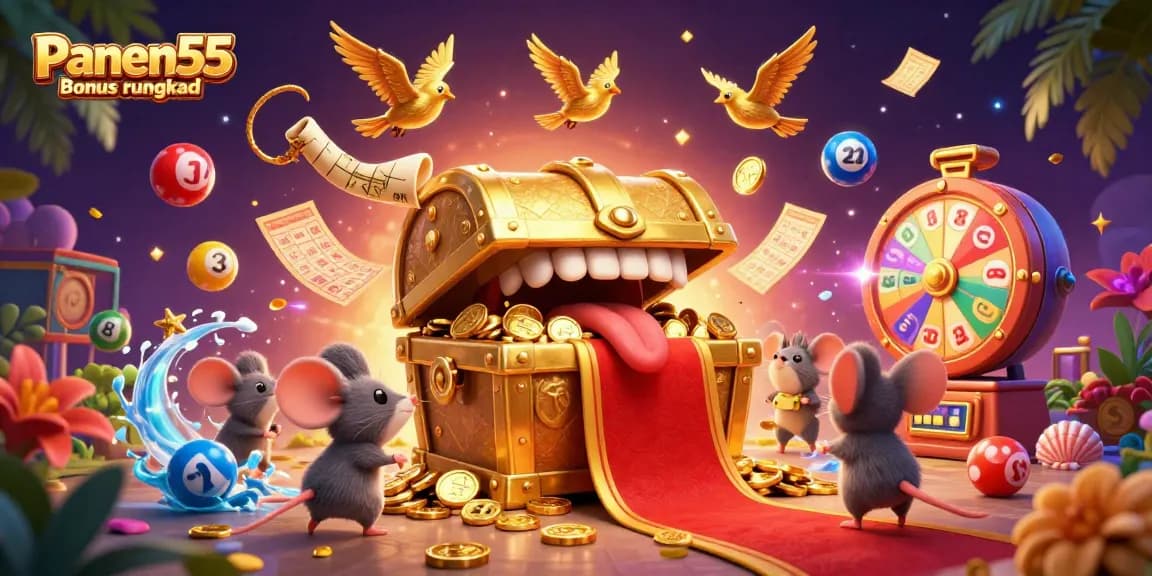 Engage with the Panen55 Bonus rungkad featuring vibrant lottery elements and captivating treasures.