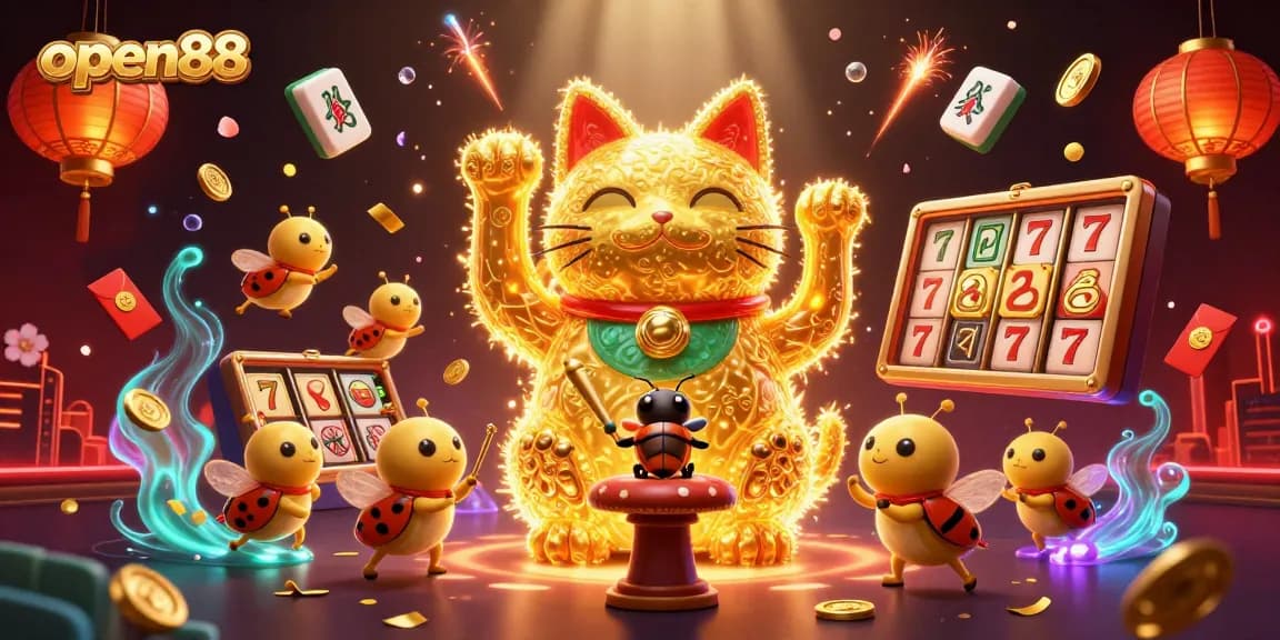 Experience the thrill of open88 with vibrant casino symbols animated by fireflies and bursting fireworks.