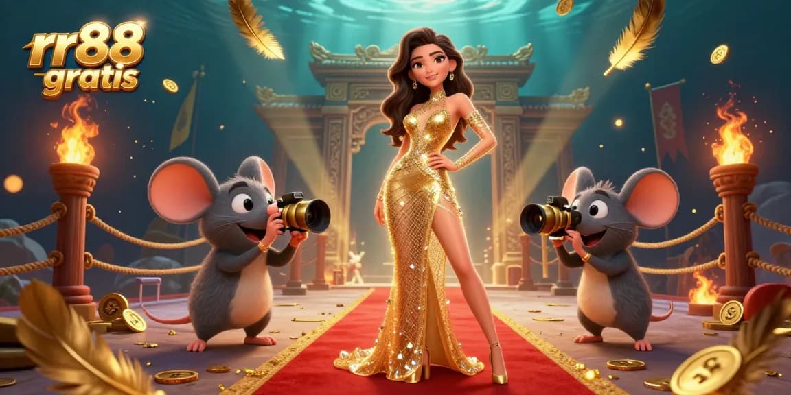 Engage with rr88 gratis gameplay featuring a glamorous woman, coin falling, and a playful rat photographer.