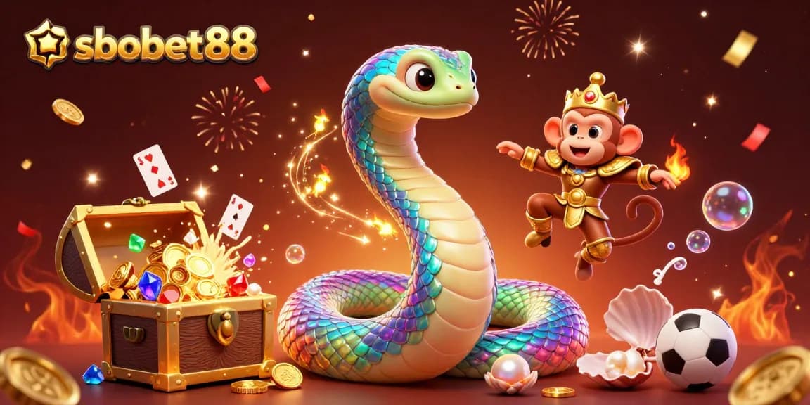 Experience the excitement of sbobet88 with a vibrant 3D illustration of casino elements and magical characters.