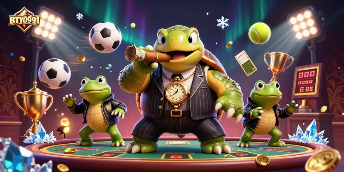 BTY0991 showcases a thrilling scene with a snapping turtle mobster and bullfrog enforcers amid vibrant casino action.