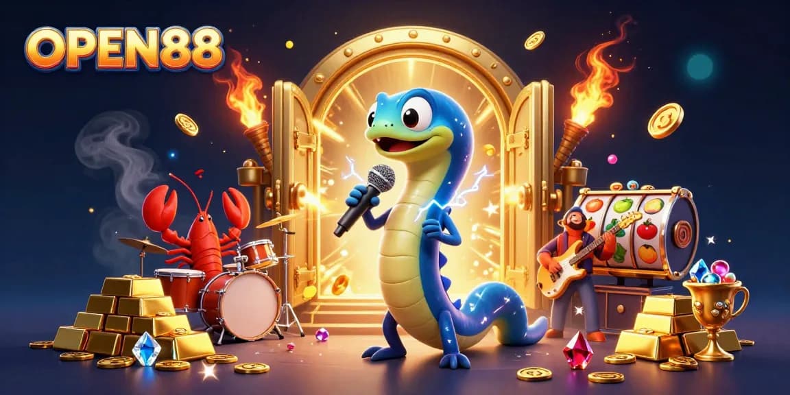 Experience the excitement of OPEN88 with a lively underwater casino scene featuring electrifying performances and dazzling treasures.