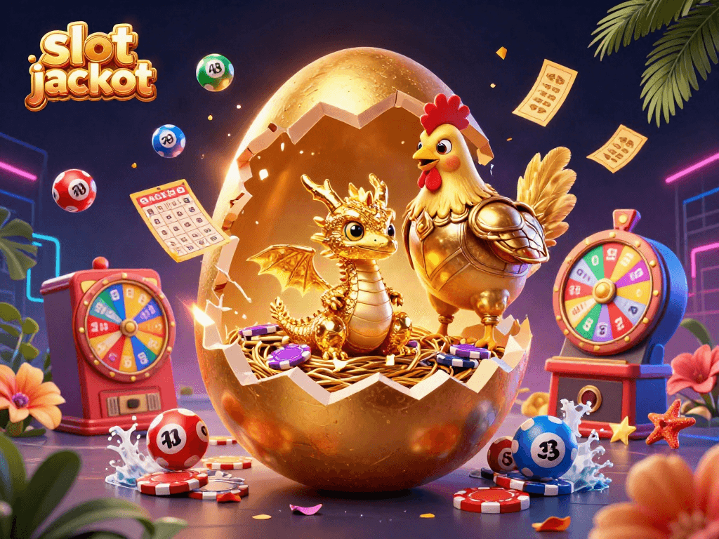 Experience the thrill of slot jackpot excitement with a baby dragon emerging from a golden egg on poker chips.