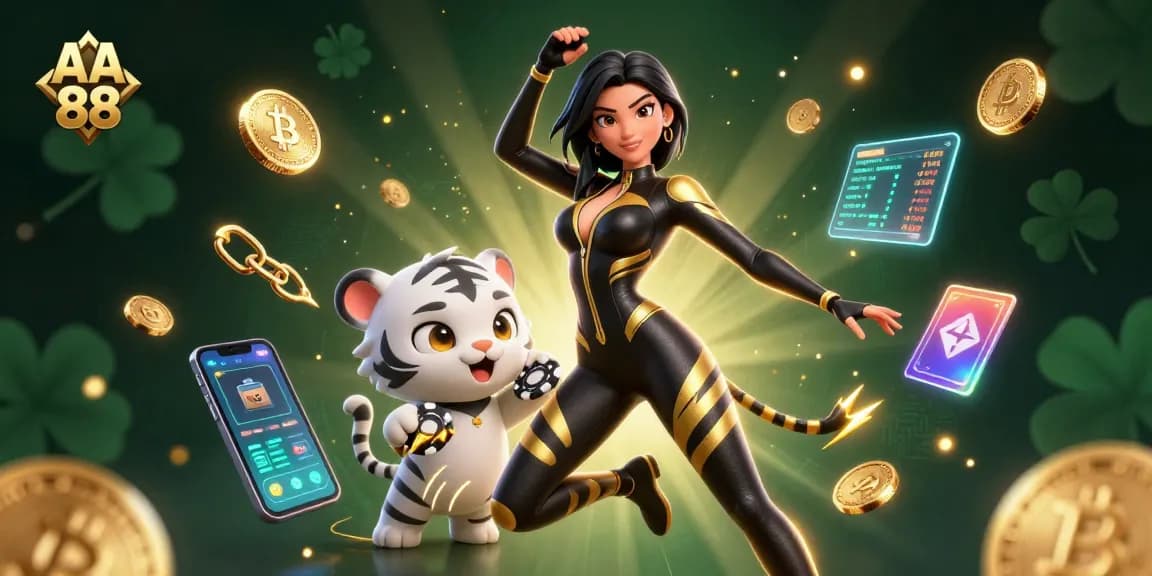 Engage in high-stakes action with AA 88 amidst digital casino elements and vibrant game graphics.