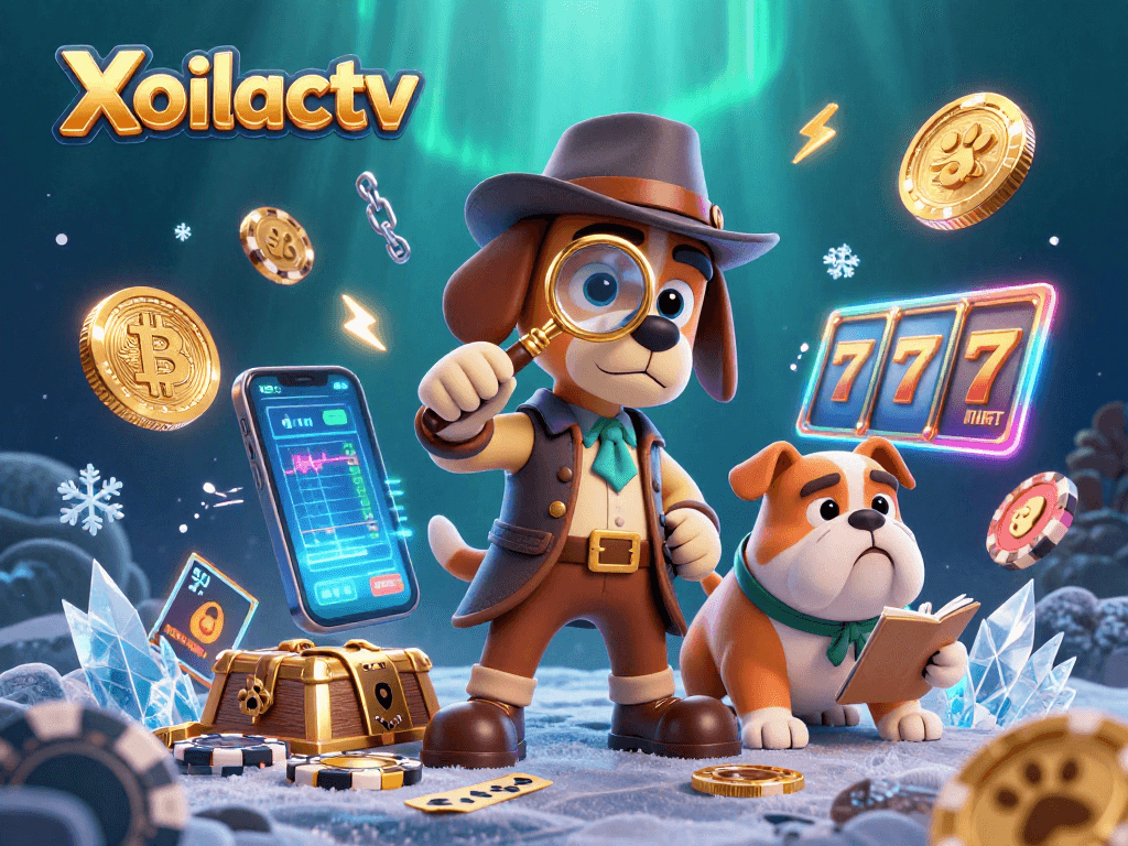 Xoilactv showcases a dynamic scene with a poker detective uncovering treasures amidst gleaming crypto elements.