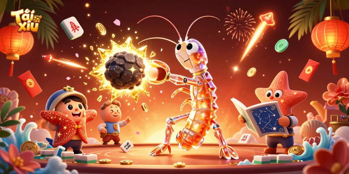 Tài xỉu game illustration showing a mantis shrimp striking treasure-filled asteroid amidst colorful casino elements