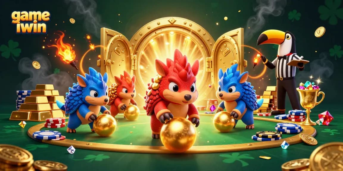 Engage in the game iwin as rival pangolins compete amidst golden treasures and casino elements.