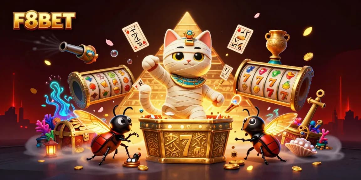 Experience the excitement of F8BET with a mummy cat and scarab beetle in a vibrant casino setting.
