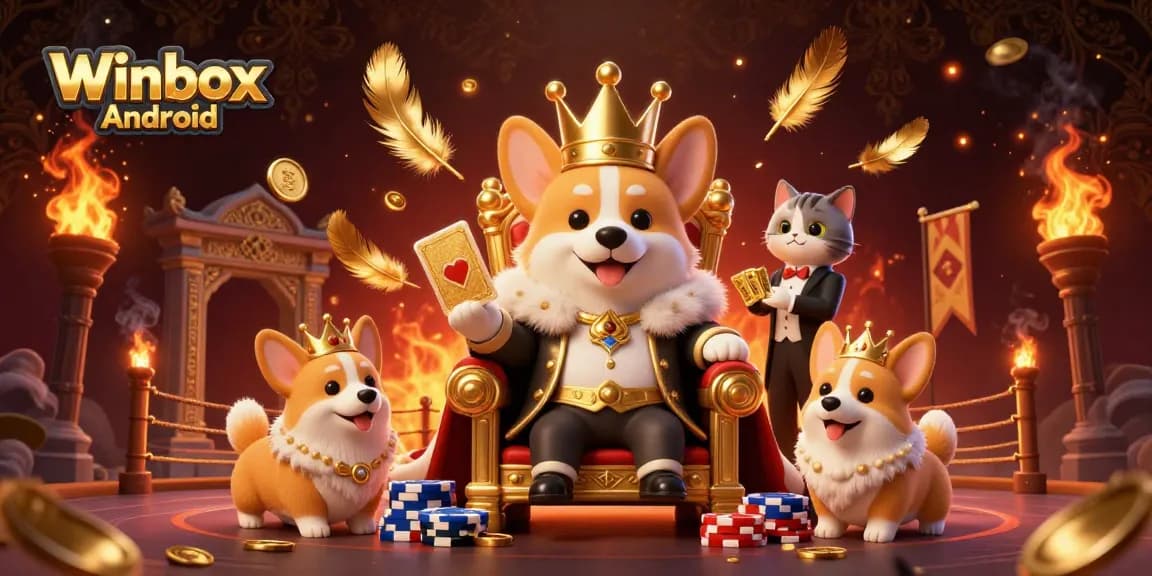 Play games securely using the Winbox Android app showcasing a royal corgi on poker chips.
