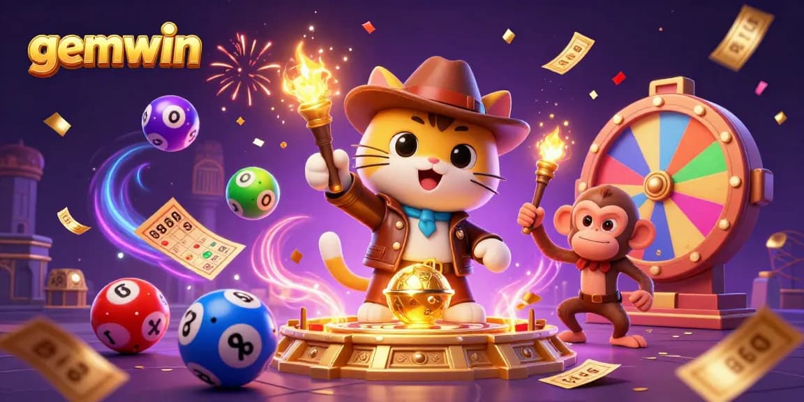 Experience gemwin with a vibrant scene of an archaeologist cat discovering casino treasures, surrounded by lottery elements.