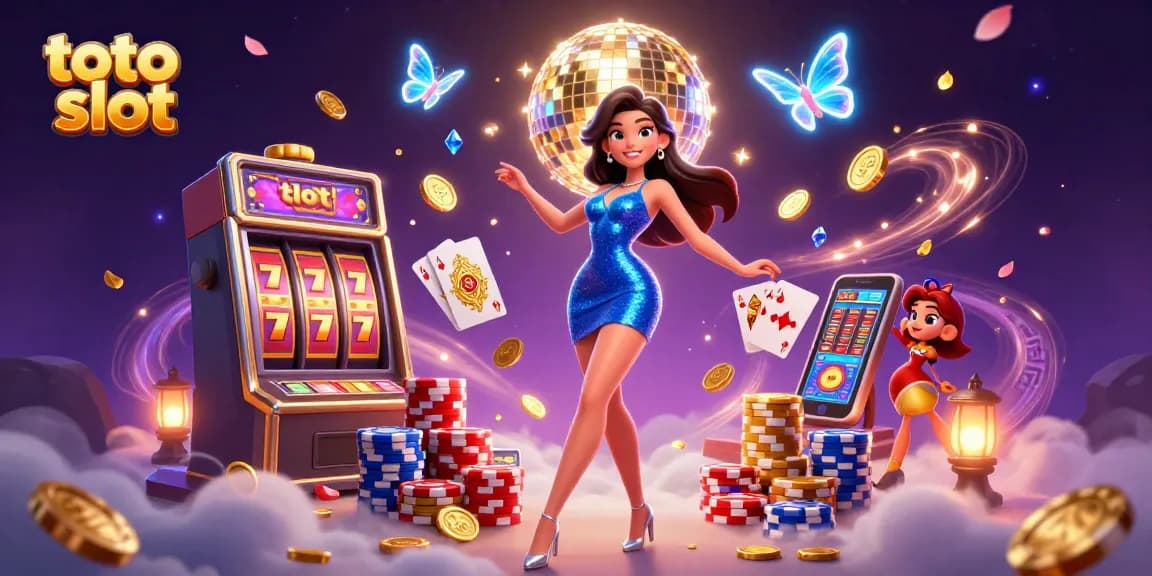 Experience exciting games at toto slot with dynamic scenes of vibrant slot reels, coins, and a glamorous dancer.