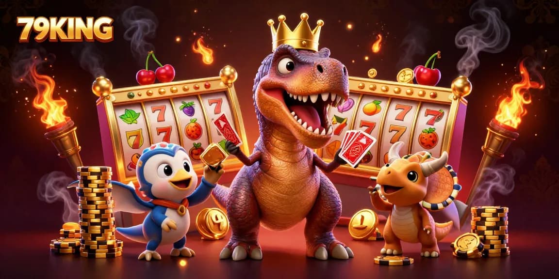 79KING features a cartoon T-Rex and friends as they play slots and stack chips in a vibrant casino scene.