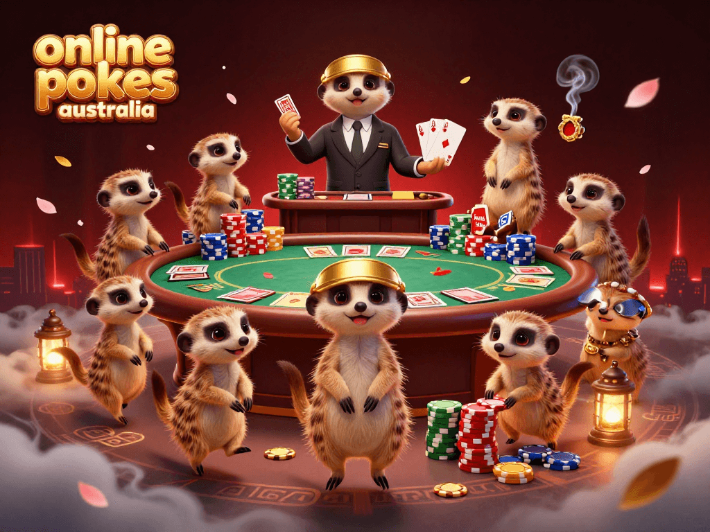 Experience the thrill of online pokies Australia with colorful meerkats managing a lively casino.