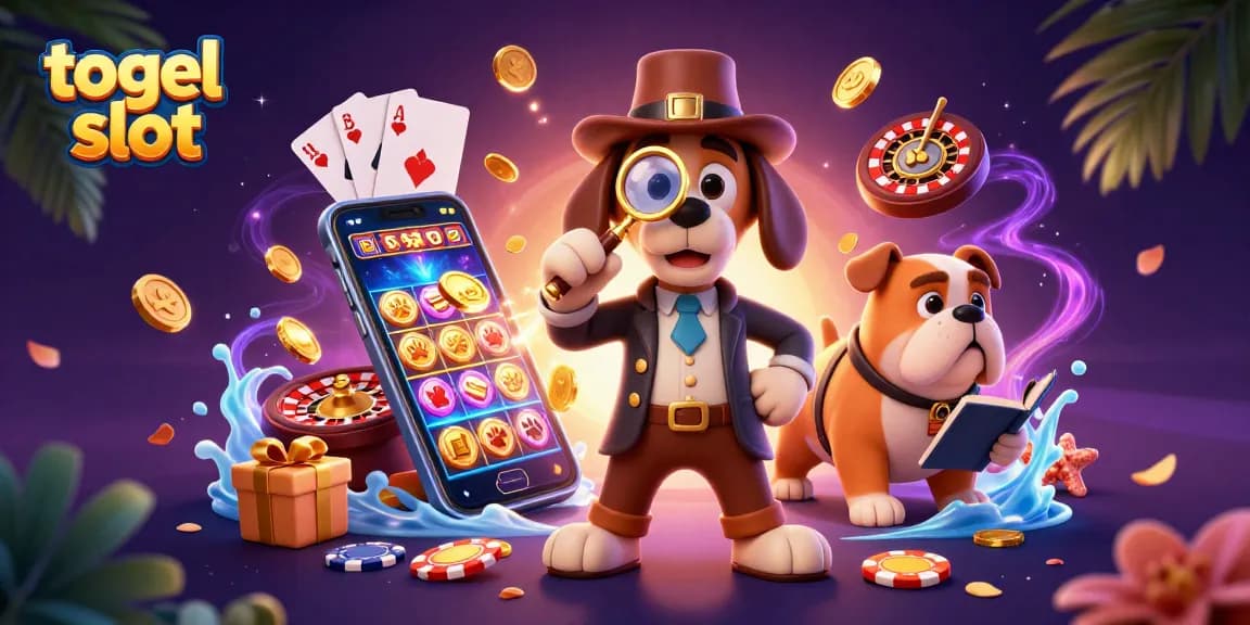 Engage with the exciting world of togel slot, featuring a detective uncovering clues with vibrant casino elements.