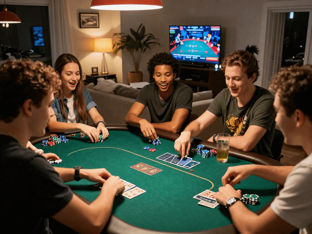 Friends enjoying a fun casino night playing card games at home with vibrant atmosphere, showcasing online casinos that accept credit cards.