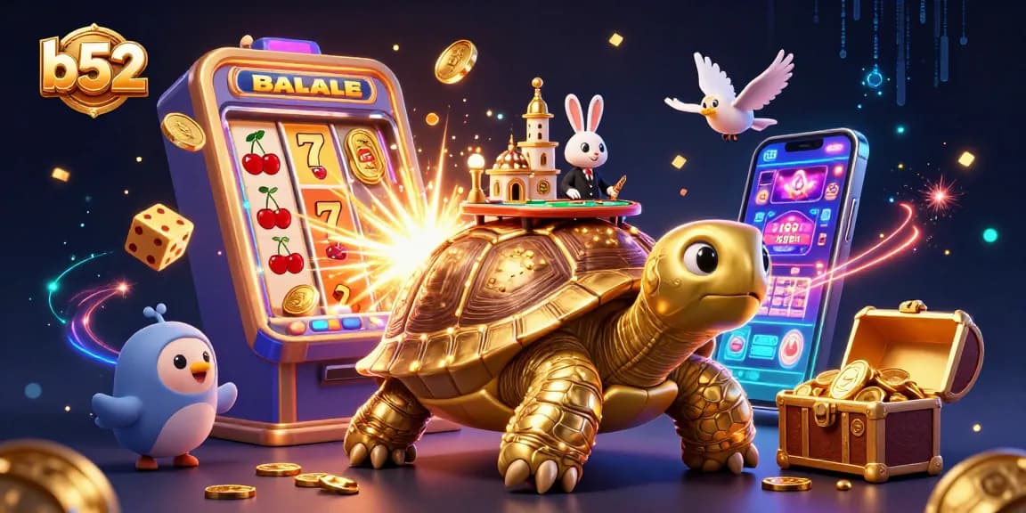 Experience thrilling moments with b52 casino in a vibrant 3D illustration depicting a golden tortoise casino.