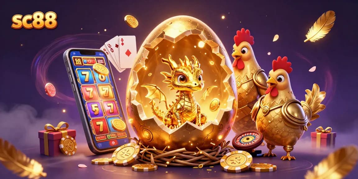 sc88 players engaging with a vibrant, fun-filled casino adventure featuring a golden baby dragon and poker chips