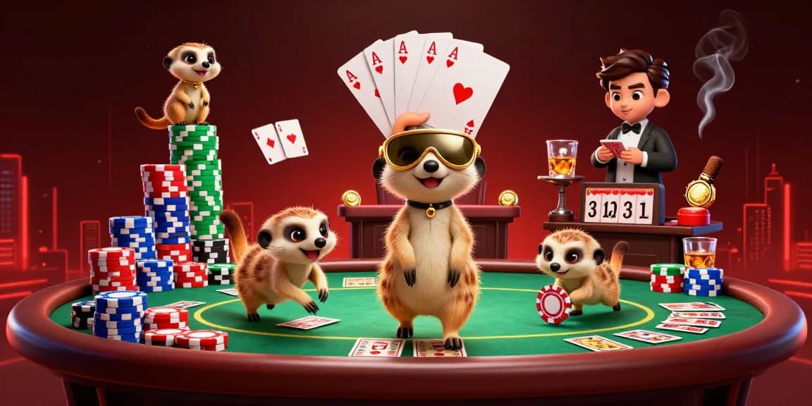 Hoki78 menampilkan koloni meerkat dalam operasi kasino dengan dealer dan chip yang menggiurkan.