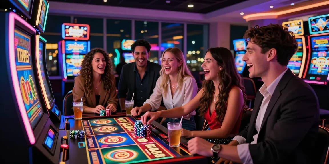 Exciting group enjoying slot117 games at a vibrant casino with colorful lights.