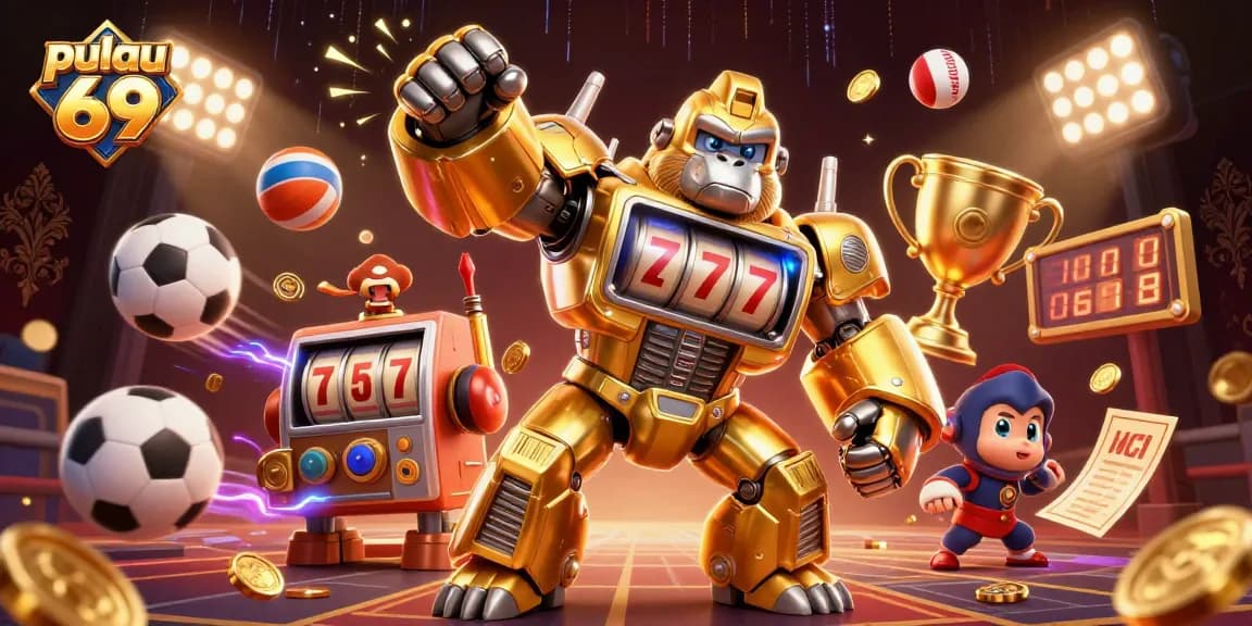 Experience pulau 69 excitement with a powerful golden gorilla mech showcasing thrilling slot action.