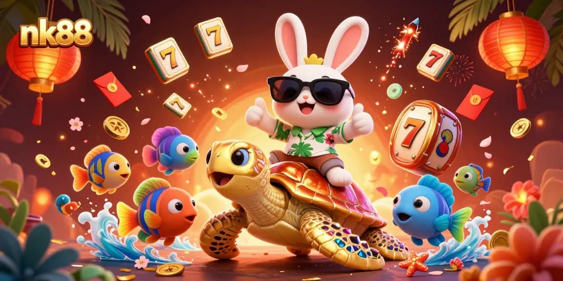 Win big with nk88 in this vibrant 3D illustration featuring a lucky rabbit and golden turtle.