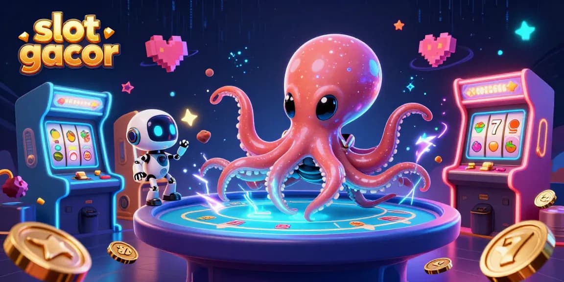 Slot gacor yang menarik dengan alien, robot, dan permainan kasino dalam ilustrasi 3D menarik.