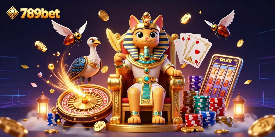 Experience the vibrant world of 789bet with a 3D illustration featuring a pharaoh cat and a dynamic casino atmosphere.