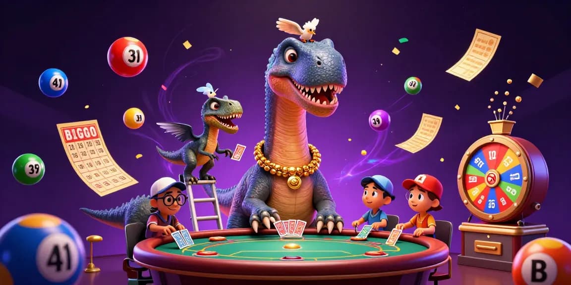 Engage with lode88 in a vibrant casino scene featuring a giant brontosaurus and dynamic lottery elements.