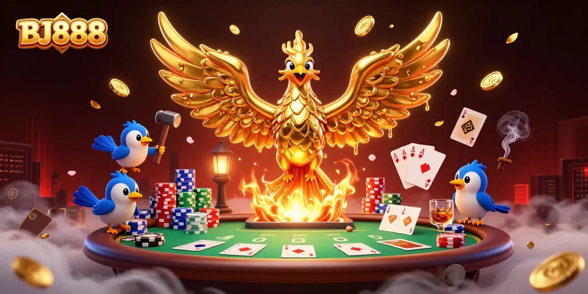 Experience thrilling BJ888 gaming action with vibrant poker elements and a molten phoenix.