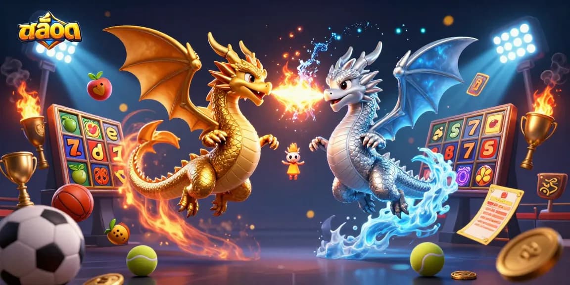 เล่นสล็อตกับสล็อตในภาพ 3D ที่มีมังกรทองและเงินที่อยู่ในกลางการต่อสู้