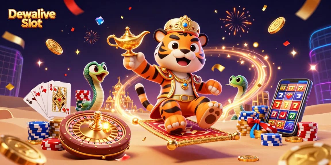 Experience the thrill of Dewalive Slot with a vibrant 3D casino scene filled with action and excitement.