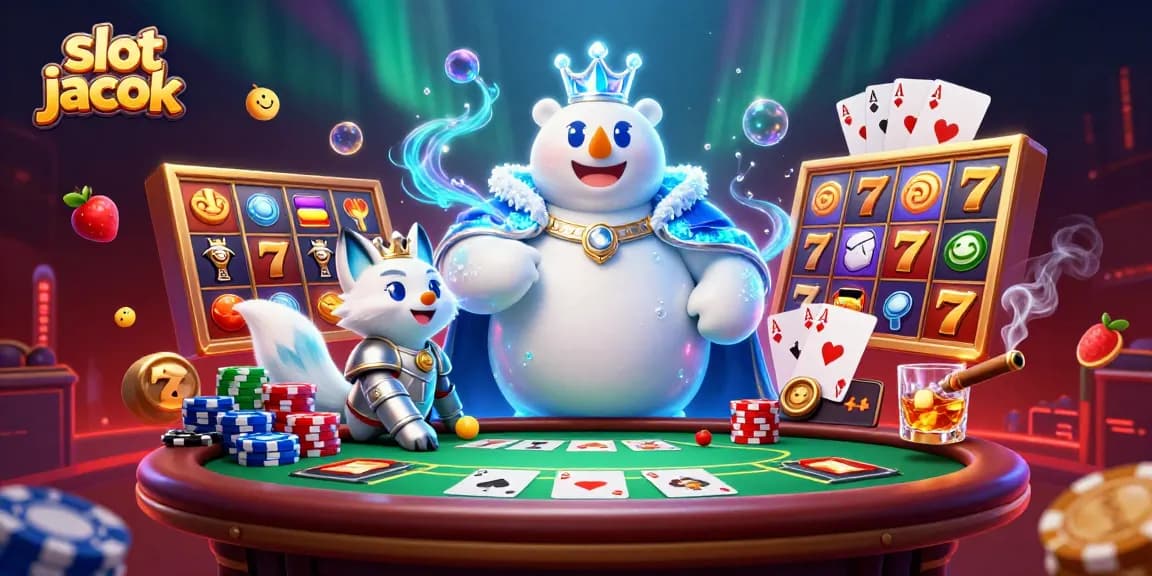 Menangkan slot jackpot dengan simbol keberuntungan, karakter beruang kutub dan rubah salju dalam suasana kasino yang meriah.